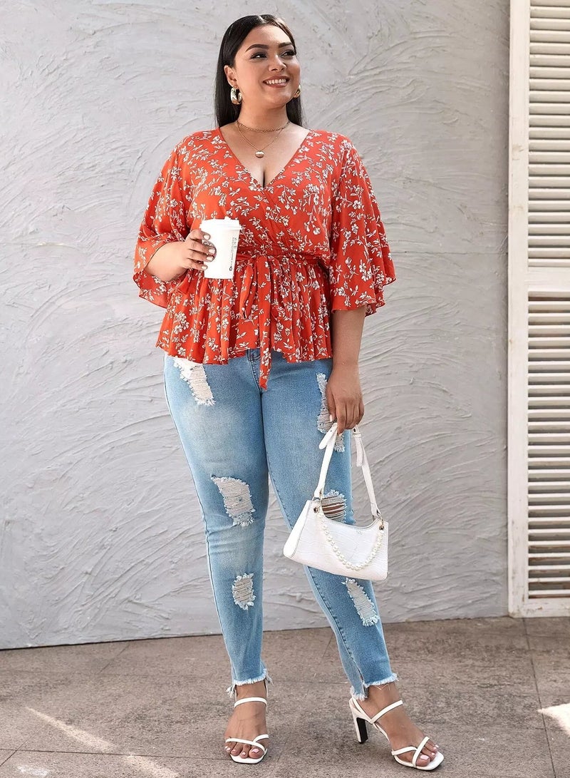 Plus Floral Print Surplice Front Belted Peplum Blouse  - Image 4