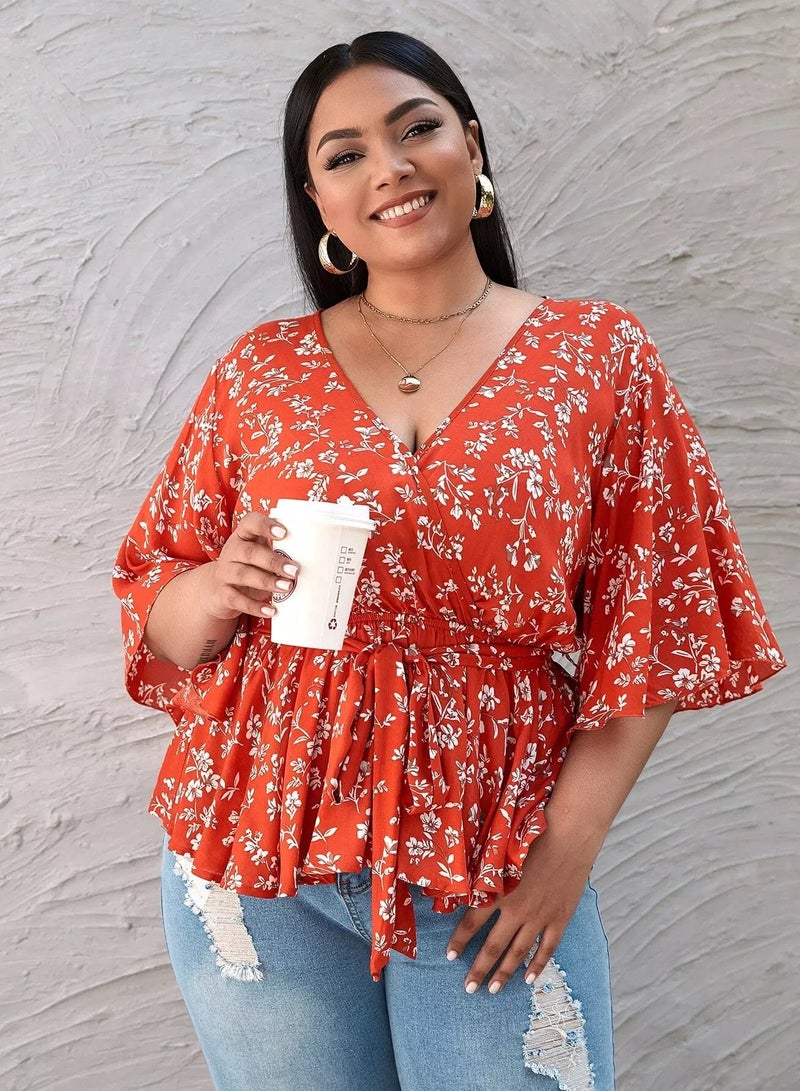 Plus Floral Print Surplice Front Belted Peplum Blouse  - Image 3