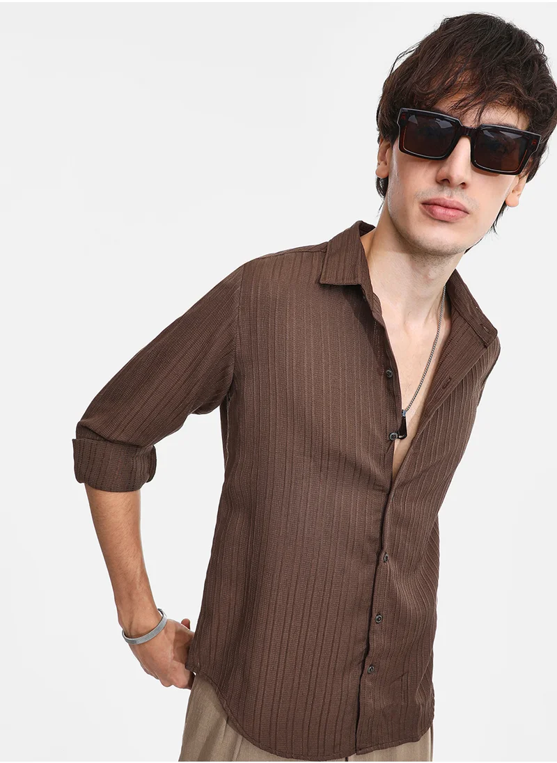 Campus Sutra Men's Mocha Brown Self-Design Striped Shirt