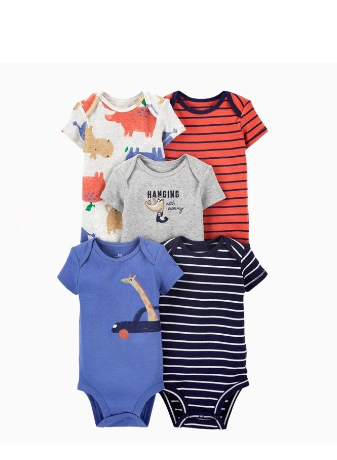 5 Piece Baby Boys Girls Bodysuit Set Soft Breathable Summer Baby Bodysuit Half Sleeve Onesie Pajama Set