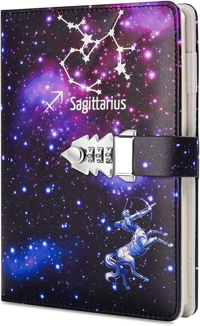 ARRLSDB A5 Creative Password Lock Journal PU Leather Combination Lock Diary Locking Diary Notepad (Sagittarius) - Image 1