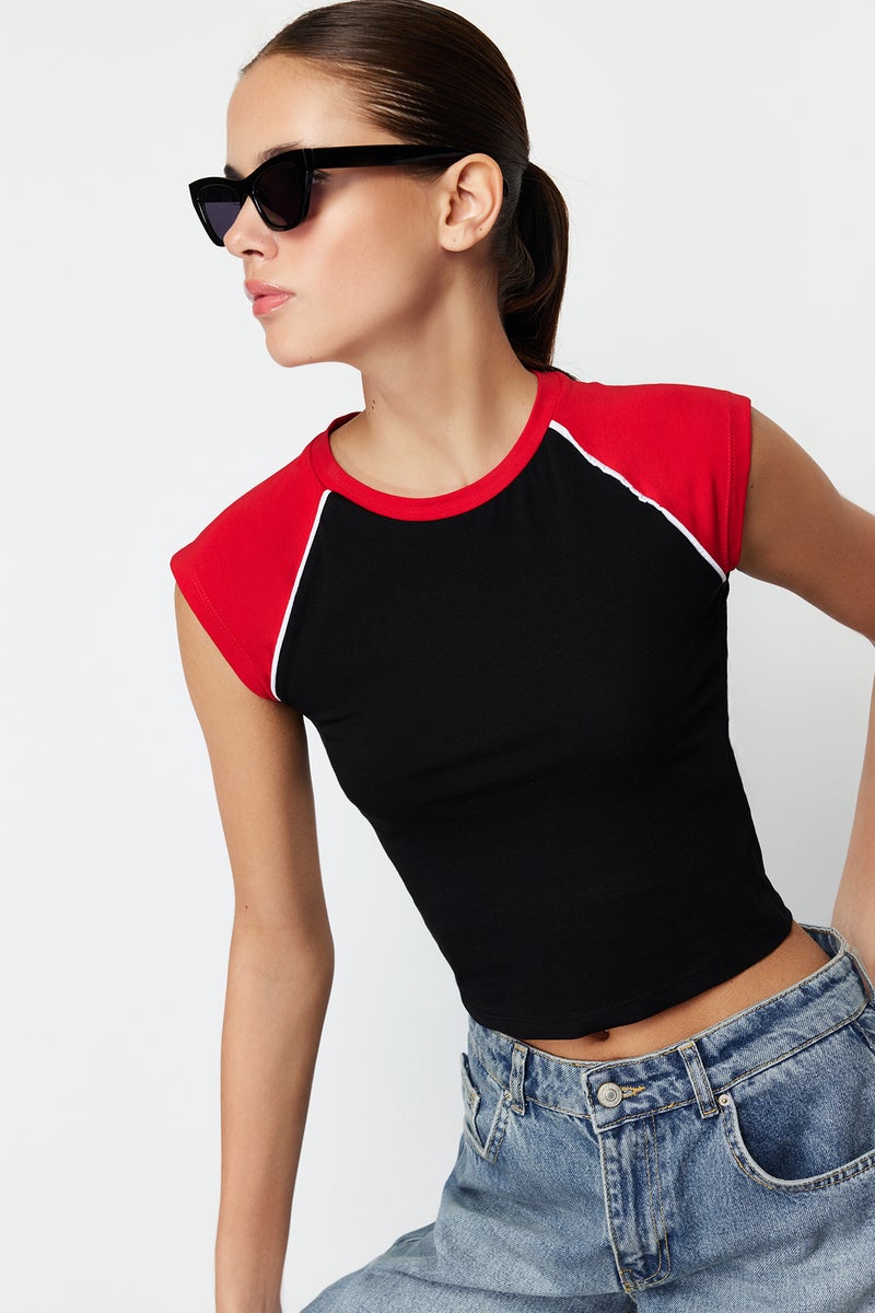 trendyol Black Color Blocked Slim Crew Neck Cotton Flexible Knitted T-Shirt TWOSS24TS00067 - Image 1