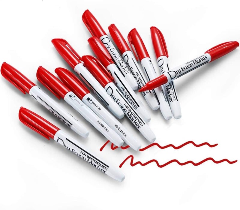 Volcanics Red Dry Erase Markers Low Odor Fine Whiteboard Markers Thin Box of 12 - Image 1