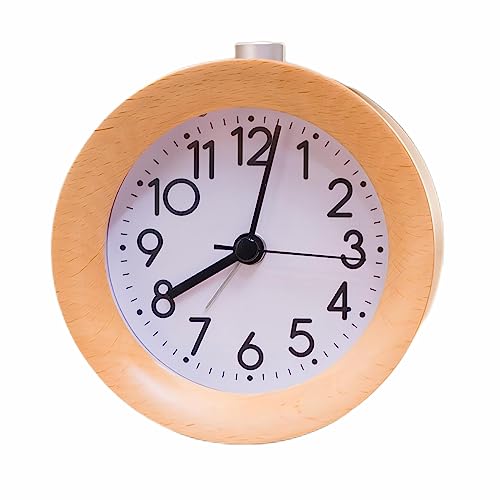 Lancoon Analog Wood Alarm Clock Round Non Ticking Silent with Arabic Numerals Night Light Snooze Function Battery Operated Easy to Use for Desktop Bedroom Bedside Yellow - Image 1