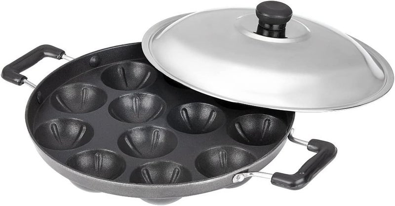 DBY قالب أبام غير لاصق DBY مع 12 حفرة لصنع أبام وأيبلسكيبر وبانيارام وفطائر محشوة وبوفيرتس وكعك تاكويكي مع مقبضين جانبيين وغطاء من الفولاذ المقاوم للصدأ