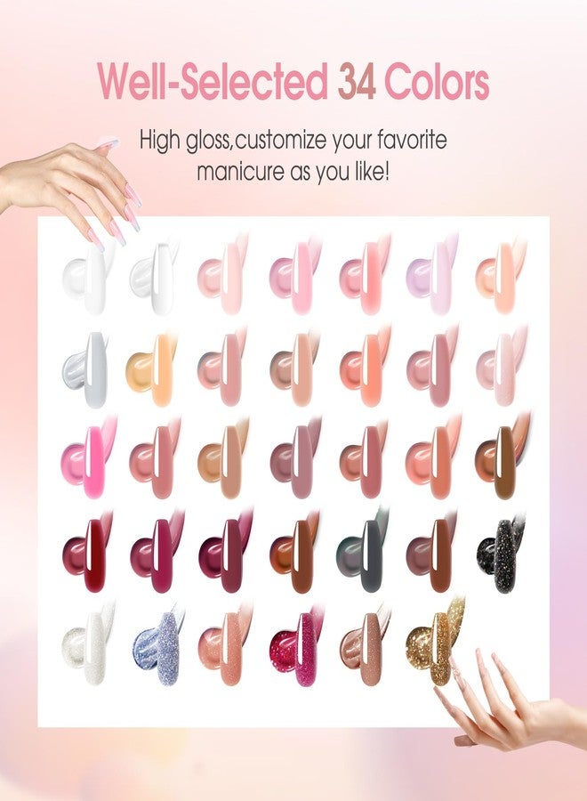 ROSALIND Poly Nail Gel Kit -34 Colors + White Brown Accessories Clear Nude Poly Nails Gel Starter Kit with Mini UV Lamp Slip Solution Nude Pink Extensions Set - Image 2