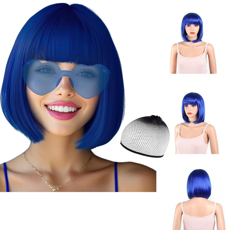 LIULIUBTY Short Bob Hair Wigs Straight with Flat Bangs Synthetic Colorful Cosplay Daily Party Neon Wig for Women with Wig Cap 12" Natural As Real (Bob, Sapphire Blue)