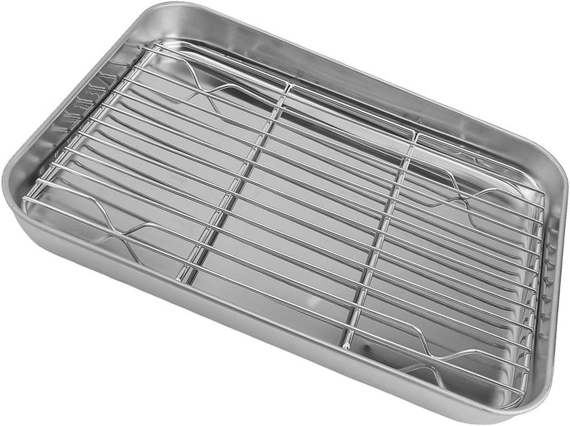 Stainless Steel Baking Sheet and Cooling Rack Set, 430 18/0 Metal Pan with Mirror Finish and Rolled Edges for Oven Baking and Cooling Meat, Vegetables, Cookies(23 * 17 * 2.5cm) - Image 1