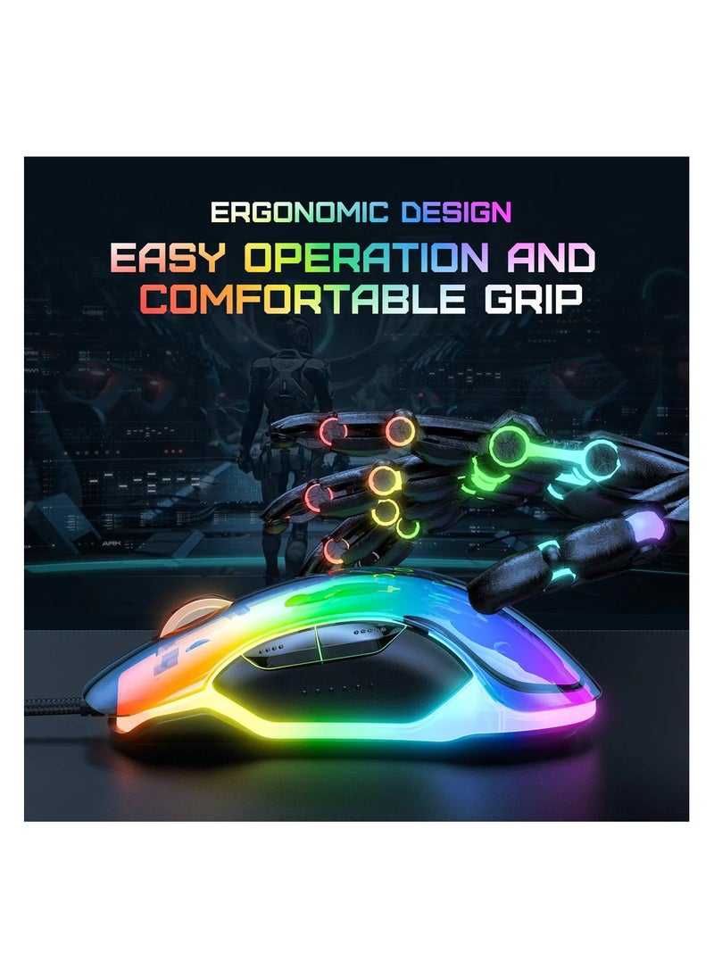 onikuma CW925 RGB Backlit Wired Gaming Mouse, Up to 12800 DPI, Light weight, Transparent  - Image 4