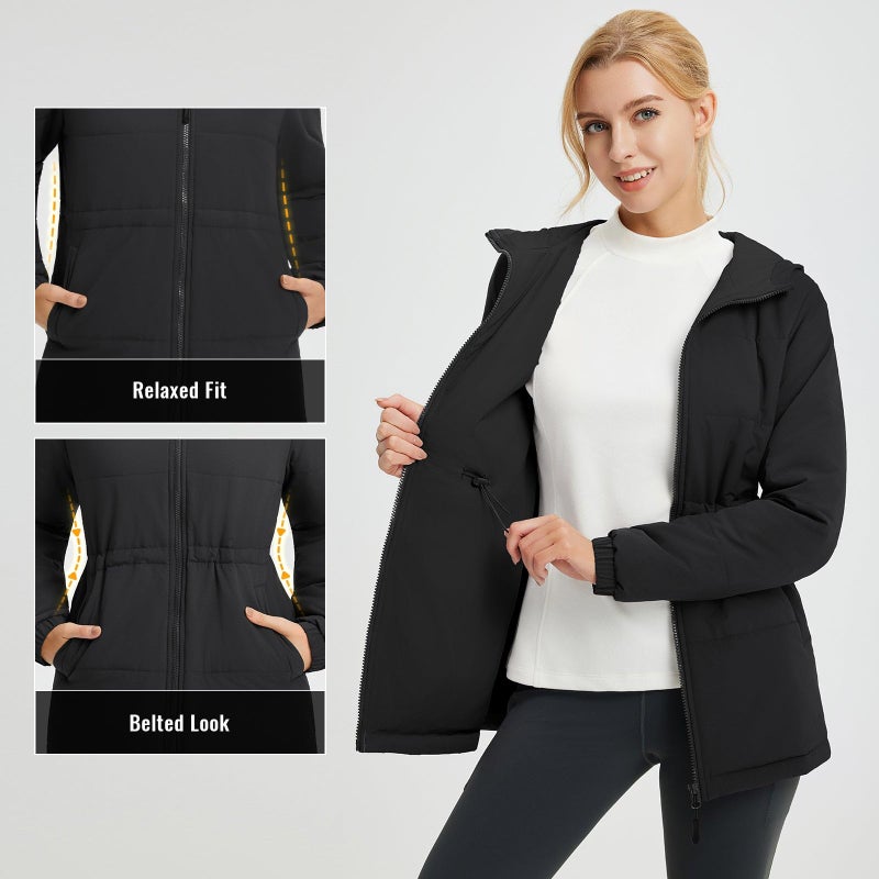 baleaf Women's Winter Coat Long Puffer Jacket Quilted Jackets with Hood Warm Running Insulated Hiking Snow Black M - Image 3