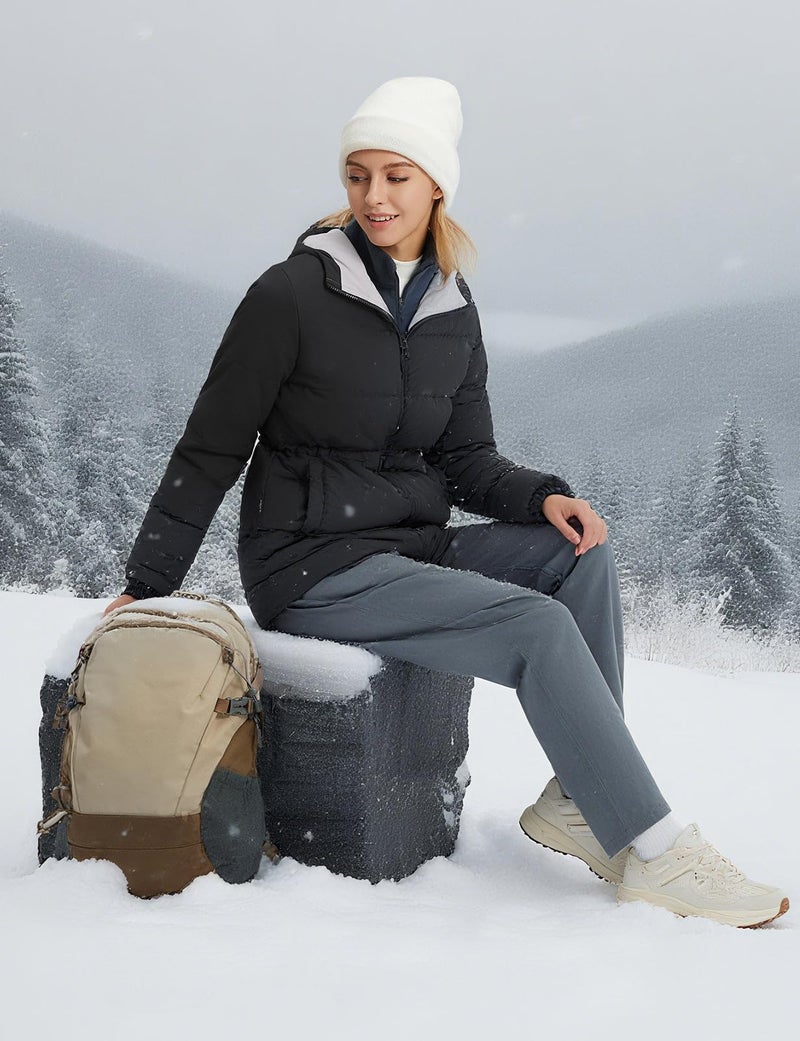 baleaf Women's Winter Coat Long Puffer Jacket Quilted Jackets with Hood Warm Running Insulated Hiking Snow Black M - Image 2