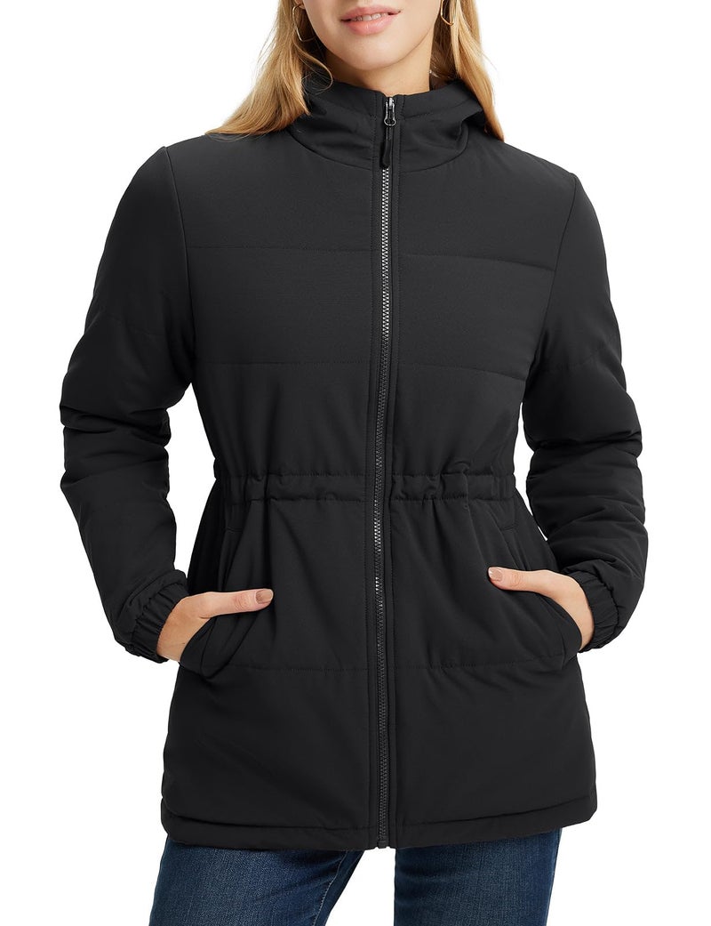 baleaf Women's Winter Coat Long Puffer Jacket Quilted Jackets with Hood Warm Running Insulated Hiking Snow Black M - Image 1