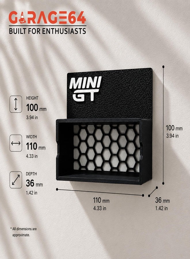 Garage64 رف عرض GARAGE64 Mini GT لسيارات مصبوبة بمقياس 1:64 وصناديق العرض | حامل جداري أو مكتبي للعرض | رف عرض فاخر غير لامع لهواة الجمع | حامل عرض Mini GT (الرف فقط) - Image 3
