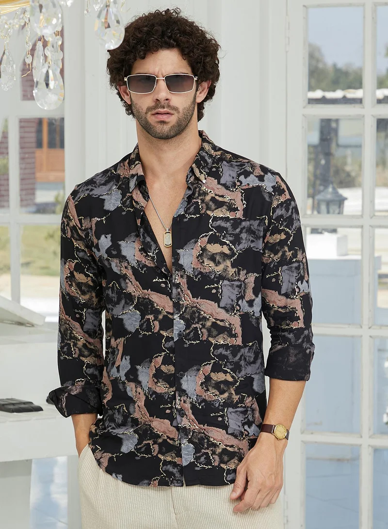 Campus Sutra Campus Sutra Men's Onyx Black Marquina Gradient Shirt For Casual Wear | Spread Collar | Long Cuffed Sleeves | Button Closure | Shirt Crafted With Comfort Fit For Everyday Wear