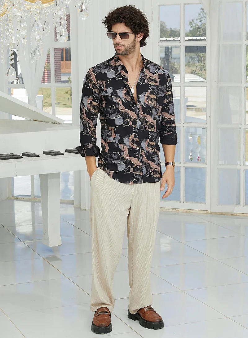 Campus Sutra Campus Sutra Men's Onyx Black Marquina Gradient Shirt For Casual Wear | Spread Collar | Long Cuffed Sleeves | Button Closure | Shirt Crafted With Comfort Fit For Everyday Wear