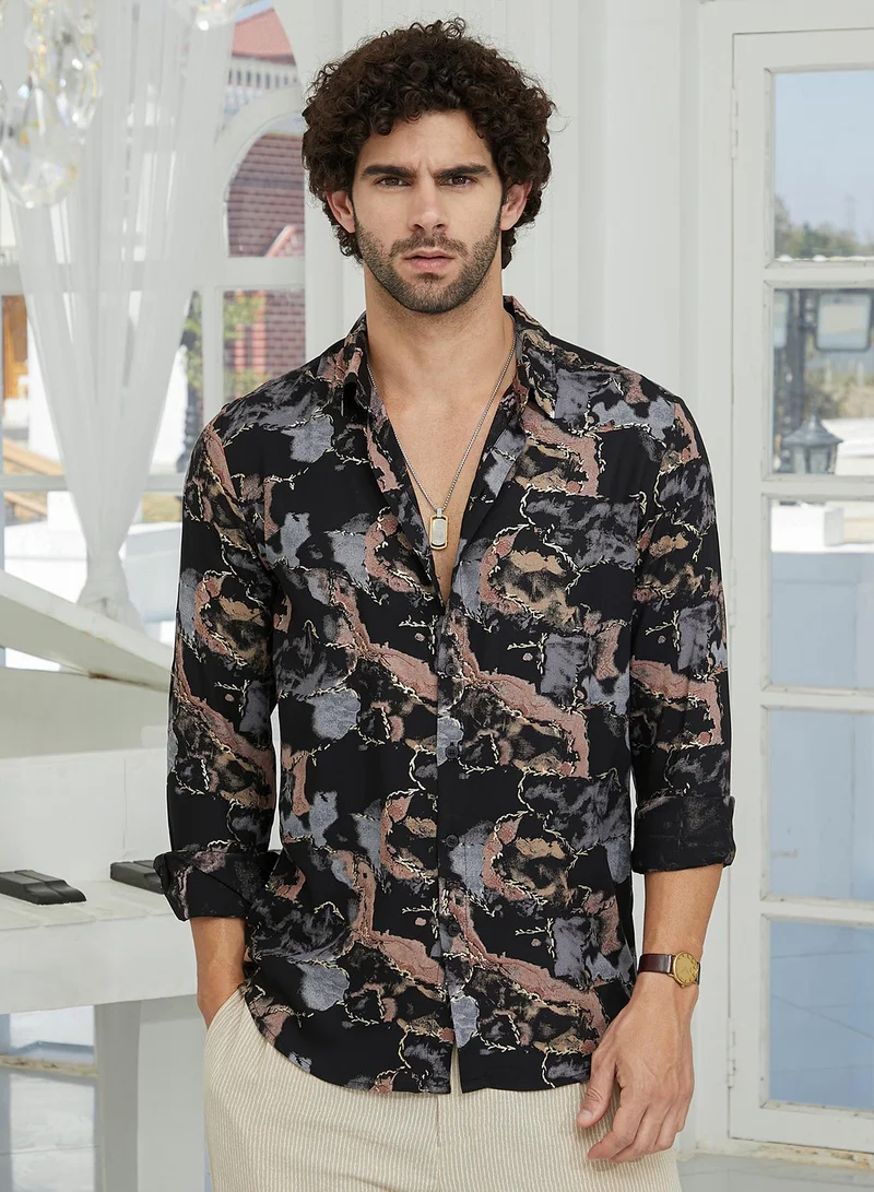 Campus Sutra Campus Sutra Men's Onyx Black Marquina Gradient Shirt For Casual Wear | Spread Collar | Long Cuffed Sleeves | Button Closure | Shirt Crafted With Comfort Fit For Everyday Wear
