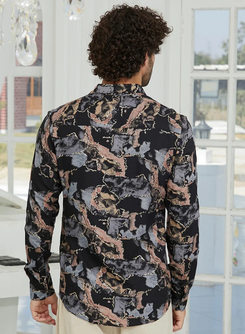 Campus Sutra Campus Sutra Men's Onyx Black Marquina Gradient Shirt For Casual Wear | Spread Collar | Long Cuffed Sleeves | Button Closure | Shirt Crafted With Comfort Fit For Everyday Wear