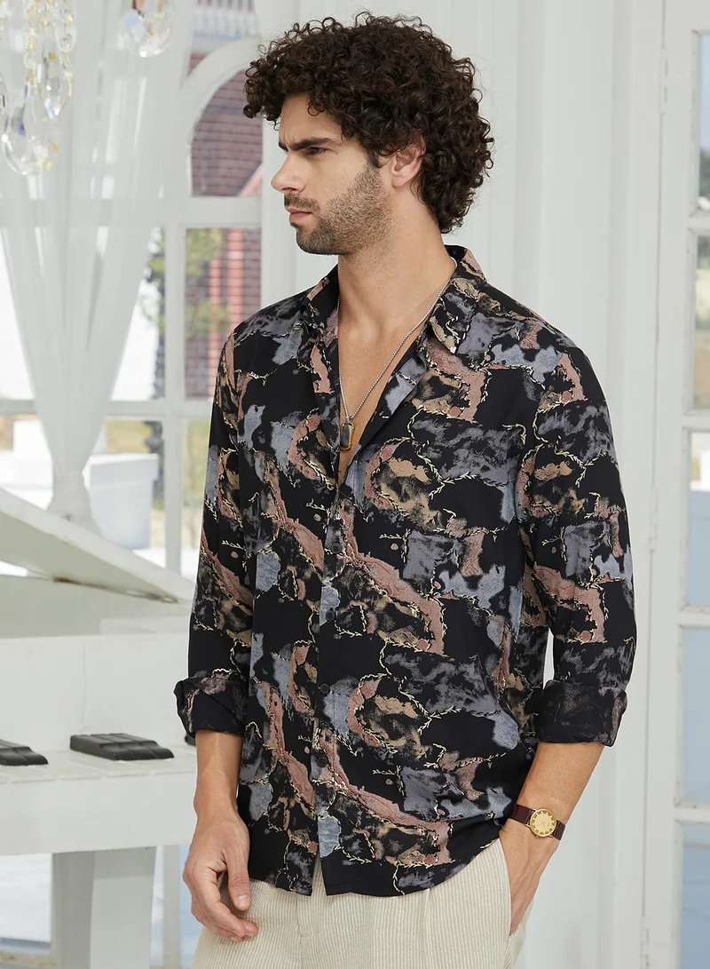 Campus Sutra Campus Sutra Men's Onyx Black Marquina Gradient Shirt For Casual Wear | Spread Collar | Long Cuffed Sleeves | Button Closure | Shirt Crafted With Comfort Fit For Everyday Wear