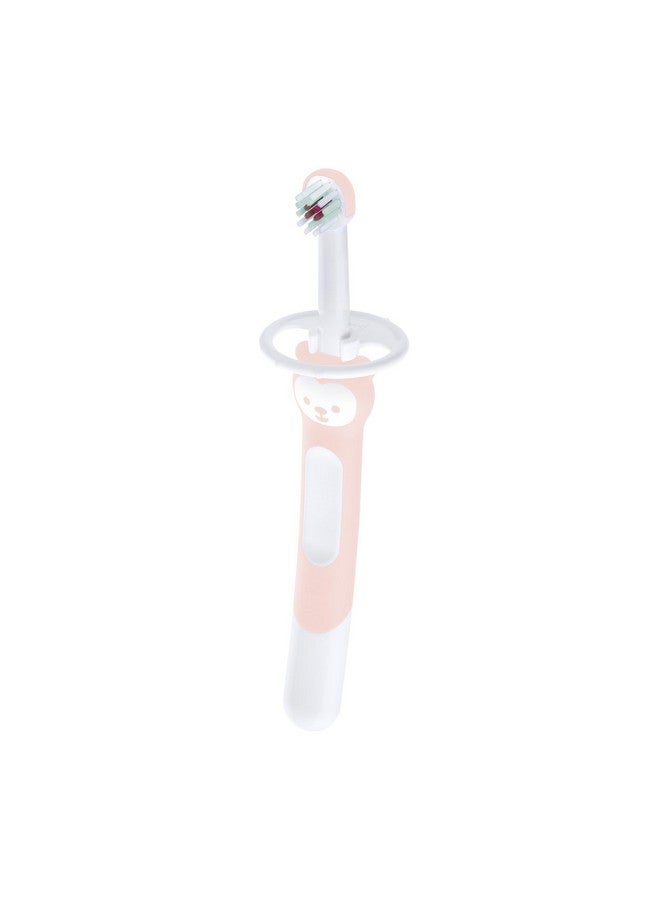 مام فرشاة أسنان تدريب MAM للأطفال (فرشاة واحدة للأطفال مع درع أمان)، فرشاة أسنان للأطفال مع شخصية الدب Brushy، تطبيق تفاعلي، للبنات من عمر 5 أشهر فما فوق، وردي - Image 1