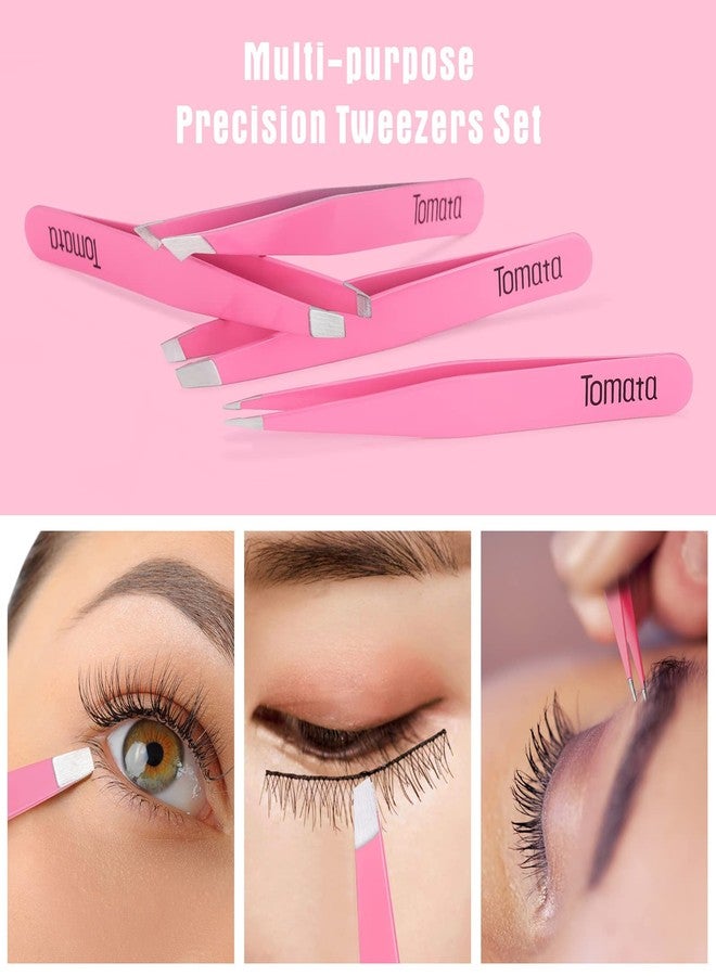 Tomata Tweezers for Eyebrows, Slant Tip and Pointed Eyebrow Tweezer Set Great Precision for Eyebrows Facial Hair, Ingrown Hair, Splinter, Blackhead and Tick Remover (4-piece) (pink) - Image 3