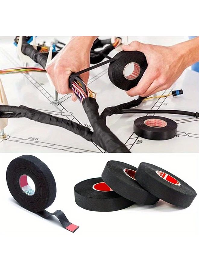 Black Adhesive Fabric Tape 25mm Heat Resistant Sound Absorbing Flexible Wiring Protection - Image 1