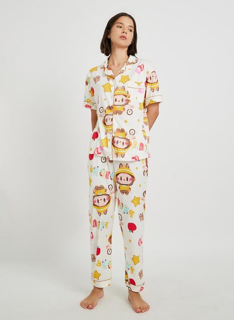 Take Two All-Over Print Collared Shirt with Shorts and Pyjama Set