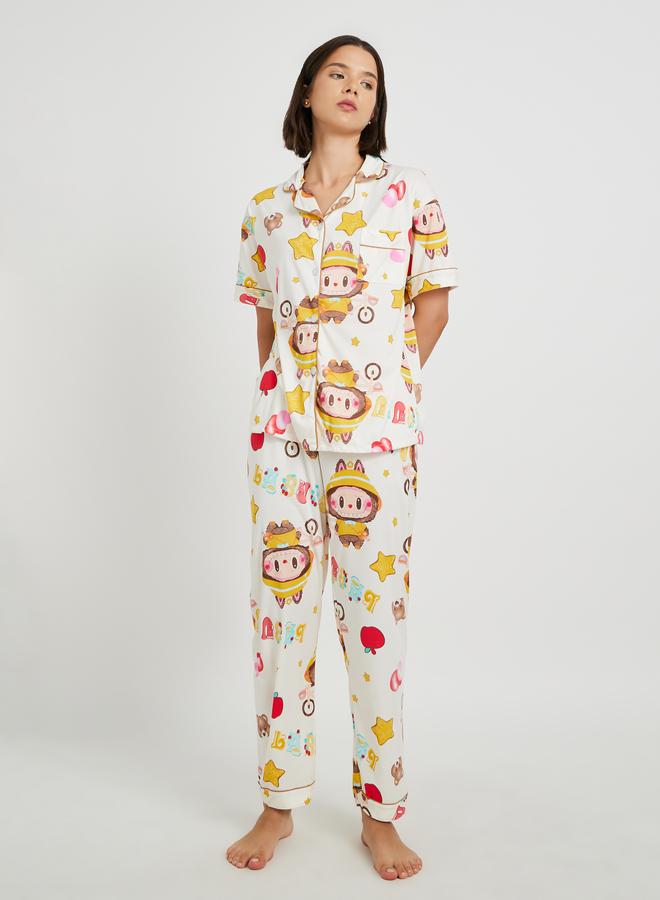 Take Two All-Over Print Collared Shirt with Shorts and Pyjama Set