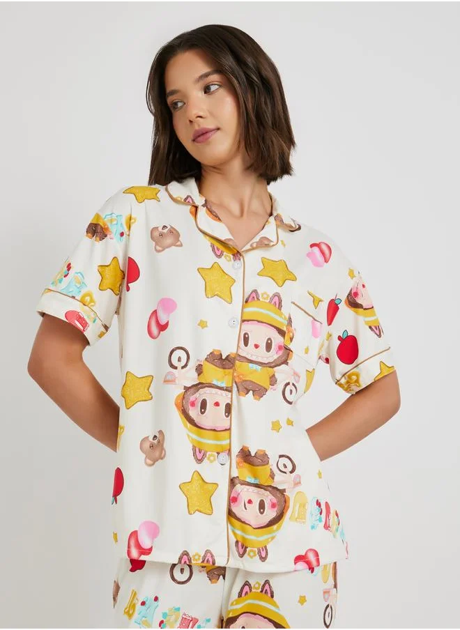 Take Two Take Two All-Over Print Collared Shirt with Shorts and Pyjama Set