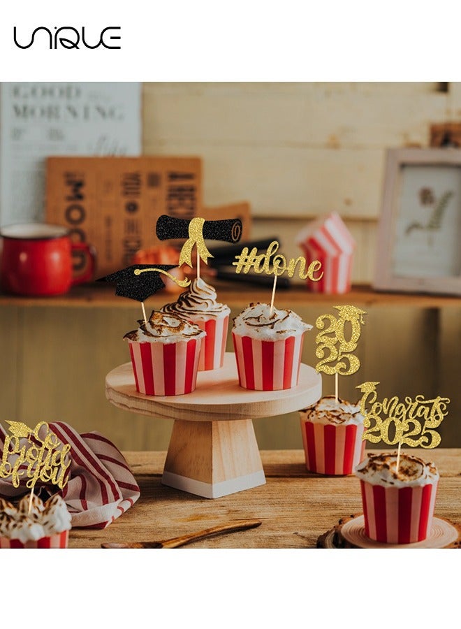 يونيك 24 قطعة من فئة 2025 أغطية كب كيك التخرج - أغطية كعكة Grad Cap على الوجهين من الذهب اللامع لمستلزمات حفلات التخرج - 2025 مجموعة الخريجين لقطات كعكة زينة التخرج  - Image 4