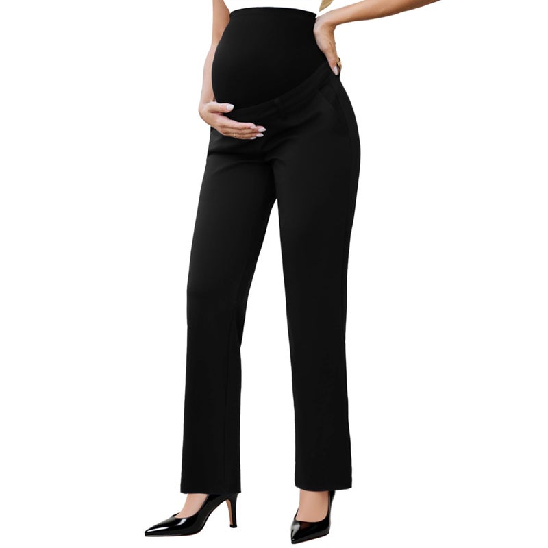 Ecavus Maternity Pants Over The Belly Seamless Stretch Work Pants Dual Length Pregnancy Office Dress Pants with Pockets - Image 1