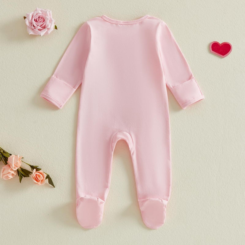Kuriozud Newborn Valentines Outfit Baby Girl Heart Footie Romper Sleeper with Headband Cute Infant Clothes (Valentines Heart Pink, 3-6 Months) - Image 5