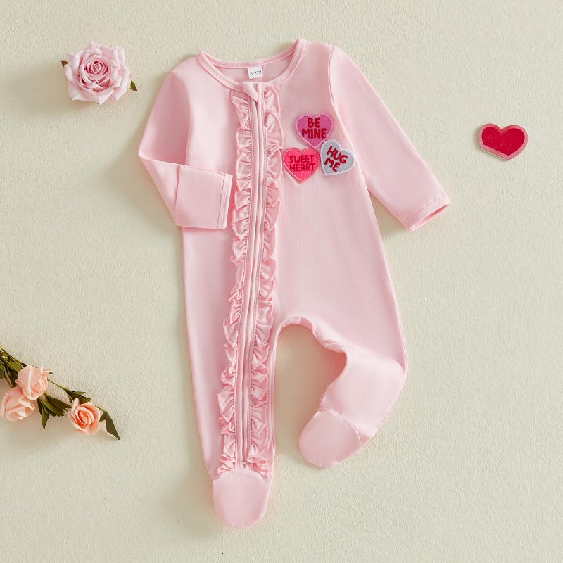 Kuriozud Newborn Valentines Outfit Baby Girl Heart Footie Romper Sleeper with Headband Cute Infant Clothes (Valentines Heart Pink, 3-6 Months) - Image 4