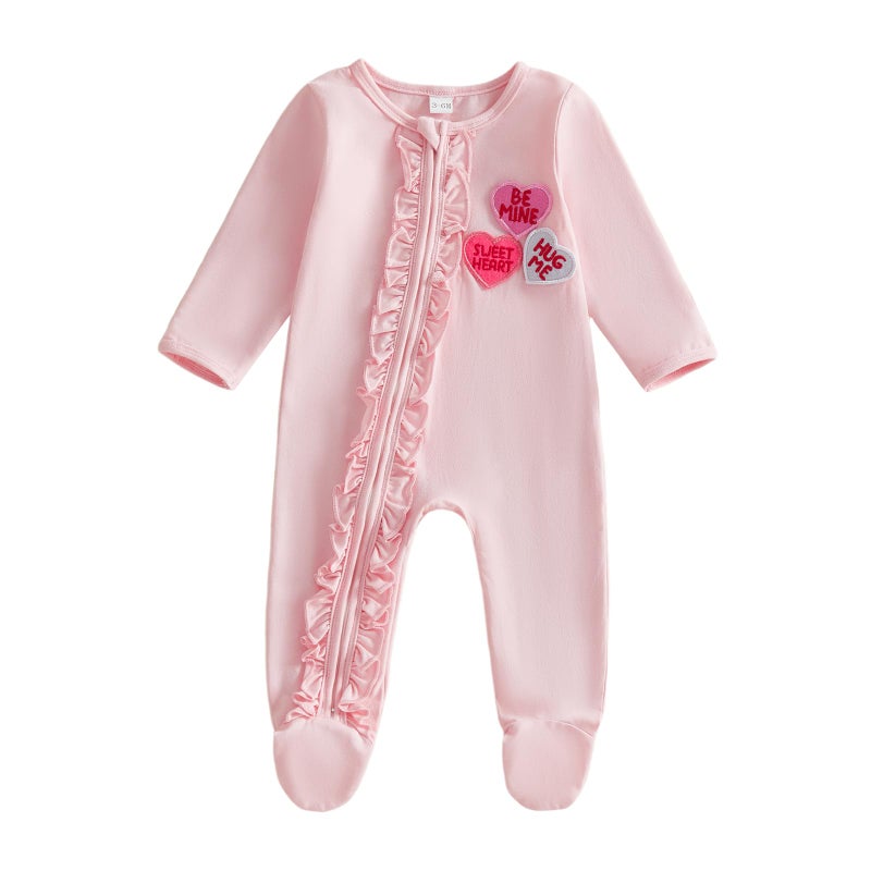 Kuriozud Newborn Valentines Outfit Baby Girl Heart Footie Romper Sleeper with Headband Cute Infant Clothes (Valentines Heart Pink, 3-6 Months) - Image 1