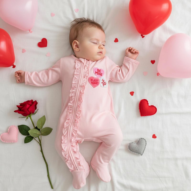 Kuriozud Newborn Valentines Outfit Baby Girl Heart Footie Romper Sleeper with Headband Cute Infant Clothes (Valentines Heart Pink, 3-6 Months) - Image 2