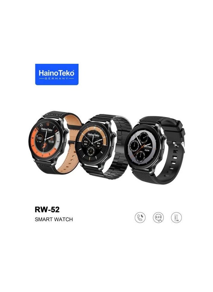HainoTeko The HainoTeko RW-52 is a black smartwatch that blends modern technology with classic watch aesthetics. It features a vibrant AMOLED display and clear visibility  - Image 2