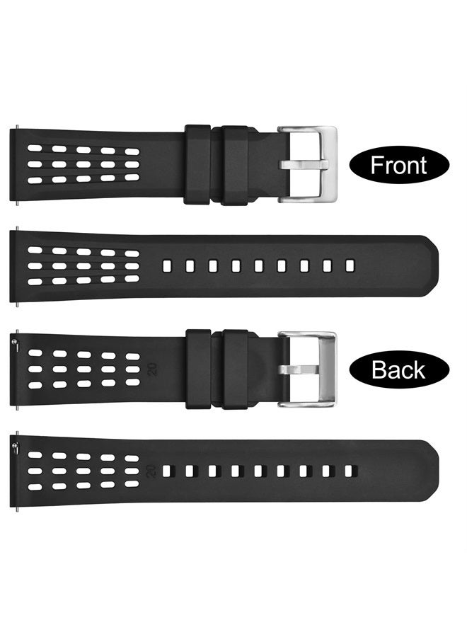 WOCCI 22mm Rally Watch Band, FKM Rubber Strap, Quick Release, Silver Brushed Buckle (Black) 