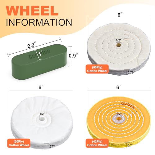 Ceeintee 8 Pack 6 Inch Polishing Wheel for Bench Grinder, Include 1/2" Arbor Hole 2 Yellow Cotton(42Ply), 2 White Cotton Polish Wheels(50Ply), 1 Soft Flannel Buffing Wheel(30Ply)& 3 Polishing Compound - Image 2