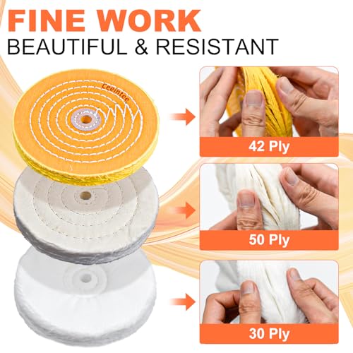 Ceeintee 8 Pack 6 Inch Polishing Wheel for Bench Grinder, Include 1/2" Arbor Hole 2 Yellow Cotton(42Ply), 2 White Cotton Polish Wheels(50Ply), 1 Soft Flannel Buffing Wheel(30Ply)& 3 Polishing Compound - Image 4