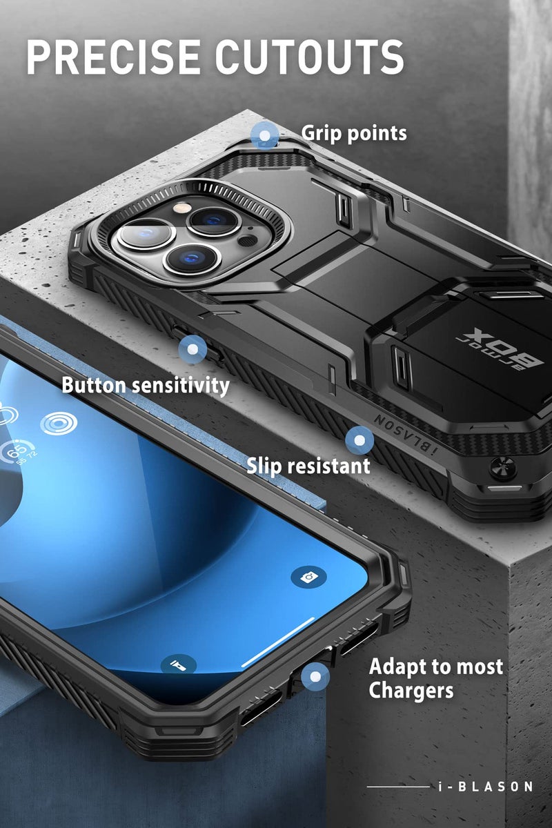 I-blason حافظة i-Blason Armorbox مصممة لجهاز iPhone 14 Pro بحجم 6.1 بوصة (إصدار 2022) مع حامل و مشبك حزام، حافظة واقية كاملة الجسم مع واقي شاشة مدمج (أسود) - Image 4