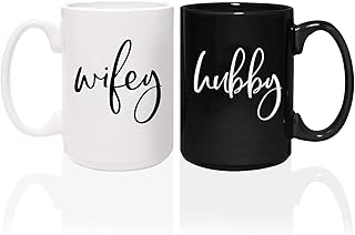Canopy Street Wifey And Hubby Matching Mugs / Two Jumbo 15 Ounce White And Black Ceramic Mugs / Funny Husband And Wife - Image 1