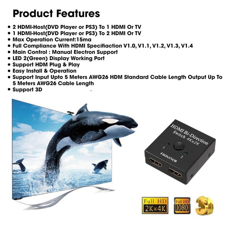 Sounce HDMI Switch 2 in 1 Out 4K 60hz HDMI Switcher 2 Port, Bi-Directional HDMI Switch Splitter 2 x 1/1 x 2, No Power Required, Sharing HD Video, PC Gaming Accessories - Image 4