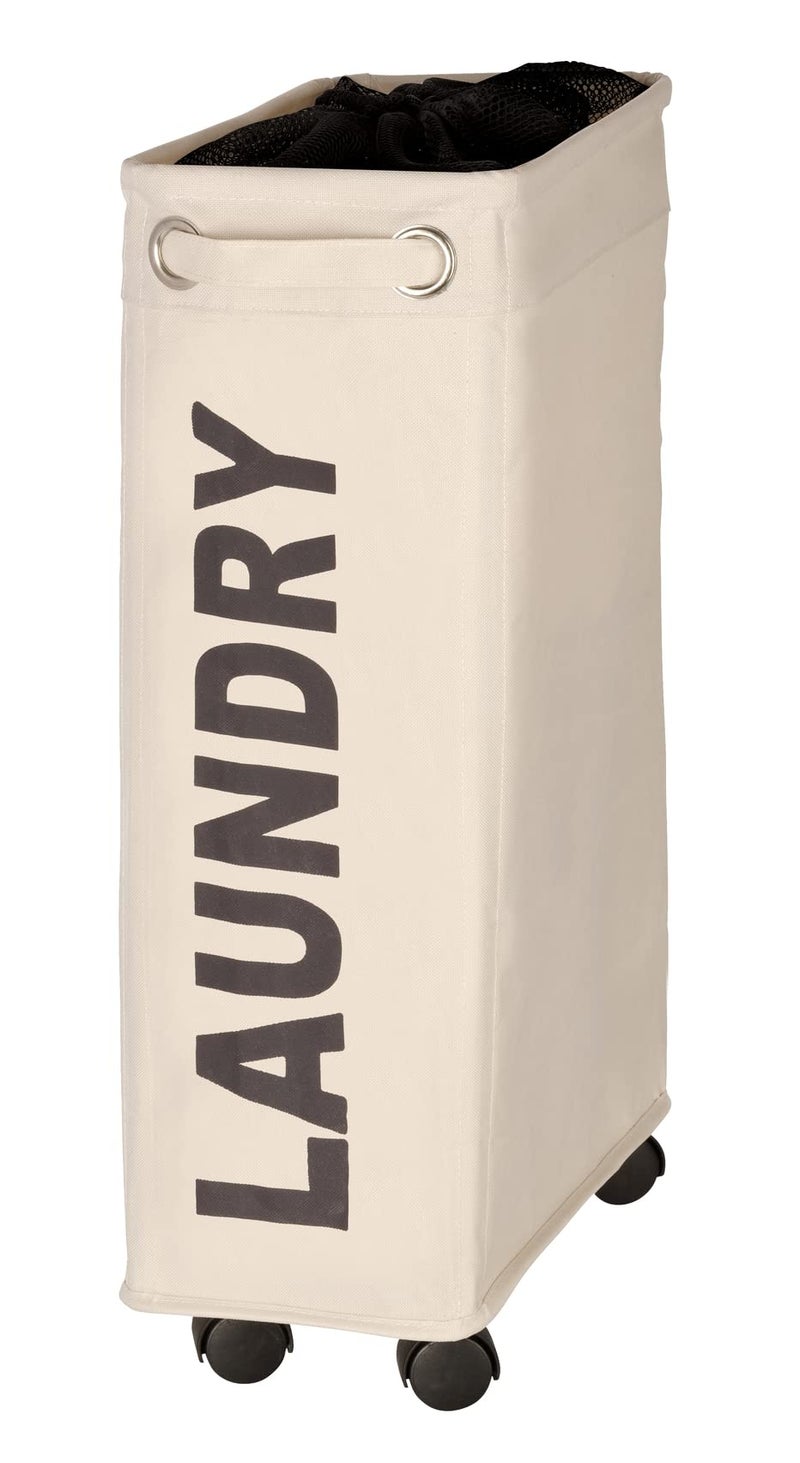 Wenko Beige Corno  Thin Laundry Hamper with Wheels  Small Space Laundry bin  Narrow Hamper Laundry Collector Laundry Basket with Wheels