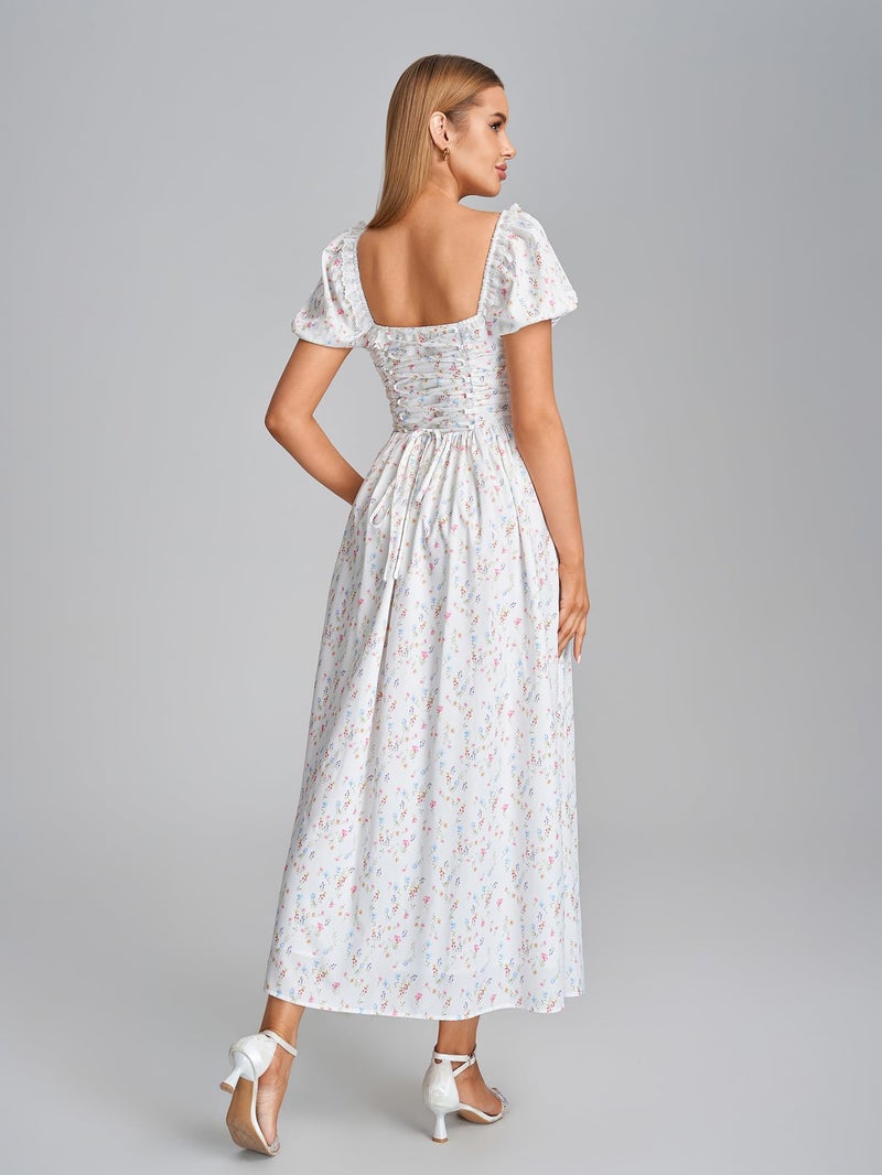 EYNMIN Floral Corset Midi Summer Wedding Guest Dresses for Women Lace Up Puff Sleeve Flowy A Line Milkmaid Dress with Pocket - Image 3