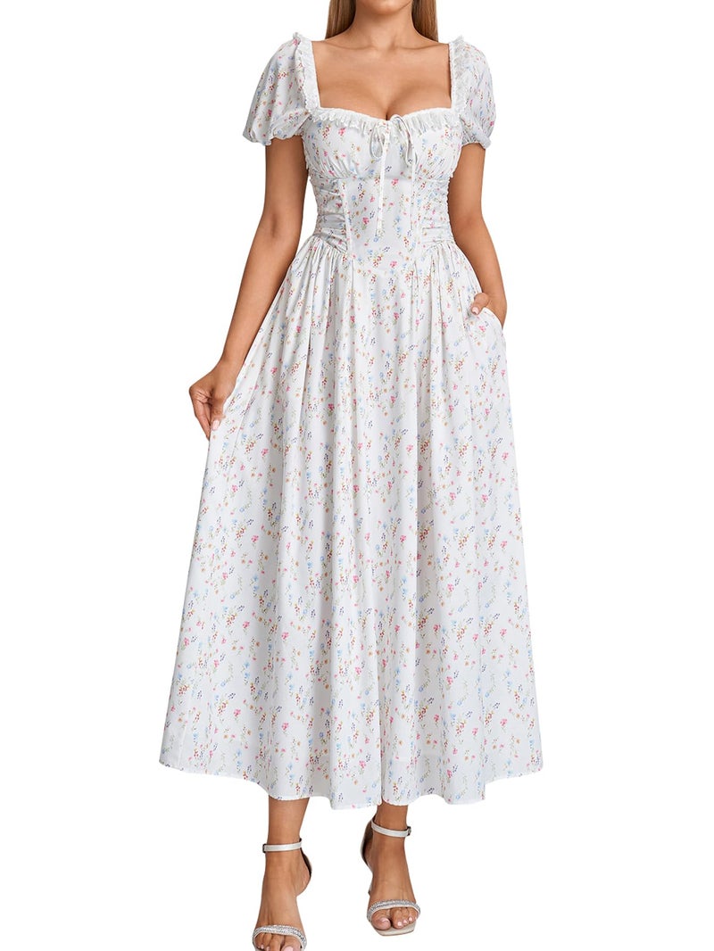 EYNMIN Floral Corset Midi Summer Wedding Guest Dresses for Women Lace Up Puff Sleeve Flowy A Line Milkmaid Dress with Pocket - Image 1
