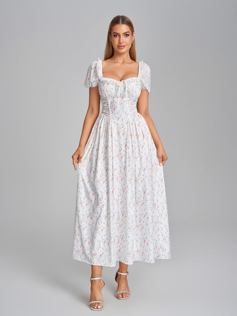 EYNMIN Floral Corset Midi Summer Wedding Guest Dresses for Women Lace Up Puff Sleeve Flowy A Line Milkmaid Dress with Pocket - Image 4