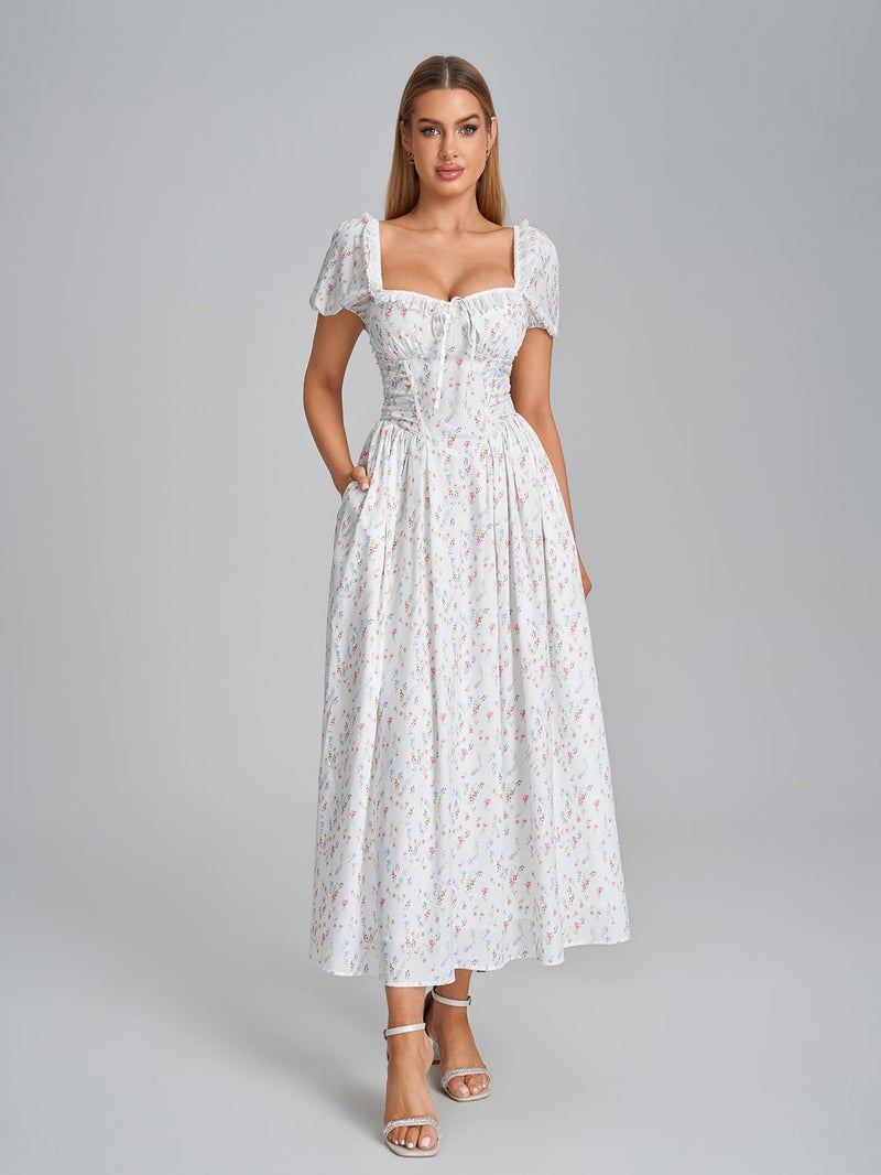 EYNMIN Floral Corset Midi Summer Wedding Guest Dresses for Women Lace Up Puff Sleeve Flowy A Line Milkmaid Dress with Pocket - Image 2