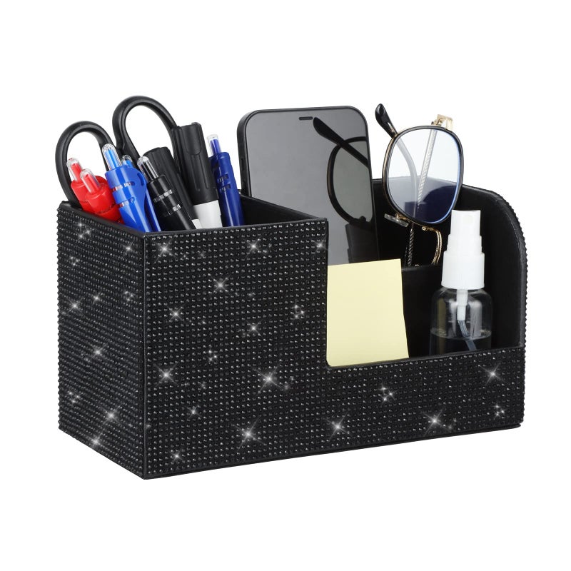 KEYPOWER Desk Pen Pencil Holder Bling Pasted Rhinestones Paper Stationery Storage Box, Multi-functional Organizer for Pen,Pencil,Cell phone,Business Name Cards,Eye Glasses,Remote Control Holder (Black) - Image 1