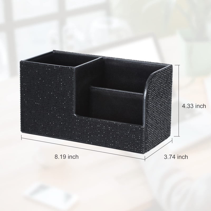 KEYPOWER Desk Pen Pencil Holder Bling Pasted Rhinestones Paper Stationery Storage Box, Multi-functional Organizer for Pen,Pencil,Cell phone,Business Name Cards,Eye Glasses,Remote Control Holder (Black) - Image 2