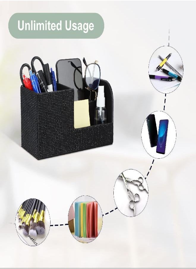 Desk Pen Pencil Holder Bling Pasted Rhinestones Paper Stationery Storage Box, Multi-functional Organizer for Pen,Pencil,Cell phone,Business Name Cards,Eye Glasses,Remote Control Holder (Black)