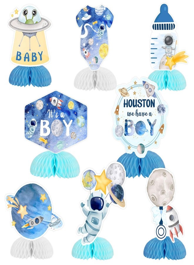 Funmemoir ديكورات حفل استقبال مولود جديد من الفضاء الخارجي للأولاد - 8 قطع مركزية على شكل قرص العسل، أغطية طاولات على شكل كوكب رائد فضاء لمستلزمات حفل استقبال مولود جديد من هيوستن "لدينا ولد" - Image 1